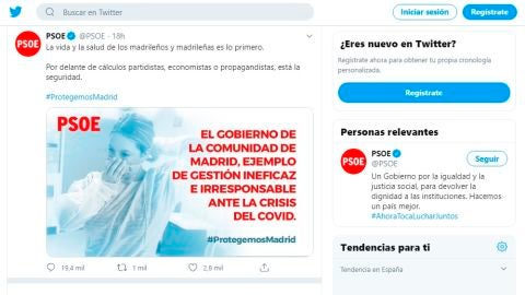 Indignación del PP y Ciudadanos por un tuit del PSOE en el que califican de "irresponsable" la gestión de Ayuso en la crisis del coronavirus