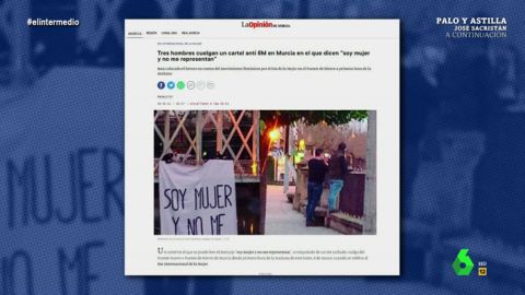 (09-03-21) La pillada viral a tres hombres desplegando una pancarta contra el 8M con el mensaje: "Soy mujer y no me representan"